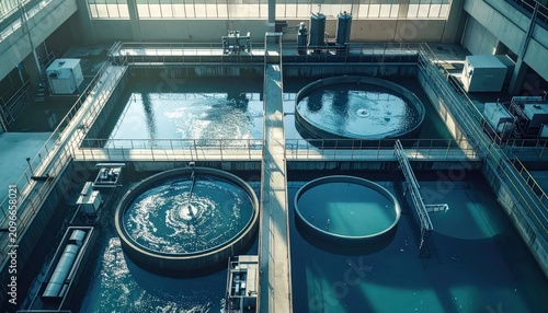 Aerial view of industrial water treatment plant reservoirs.