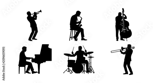 Bild auf Leinwand Jazz Band Silhouettes: Musicians Playing Trumpet, Saxophone, Piano, Drums, Tromb