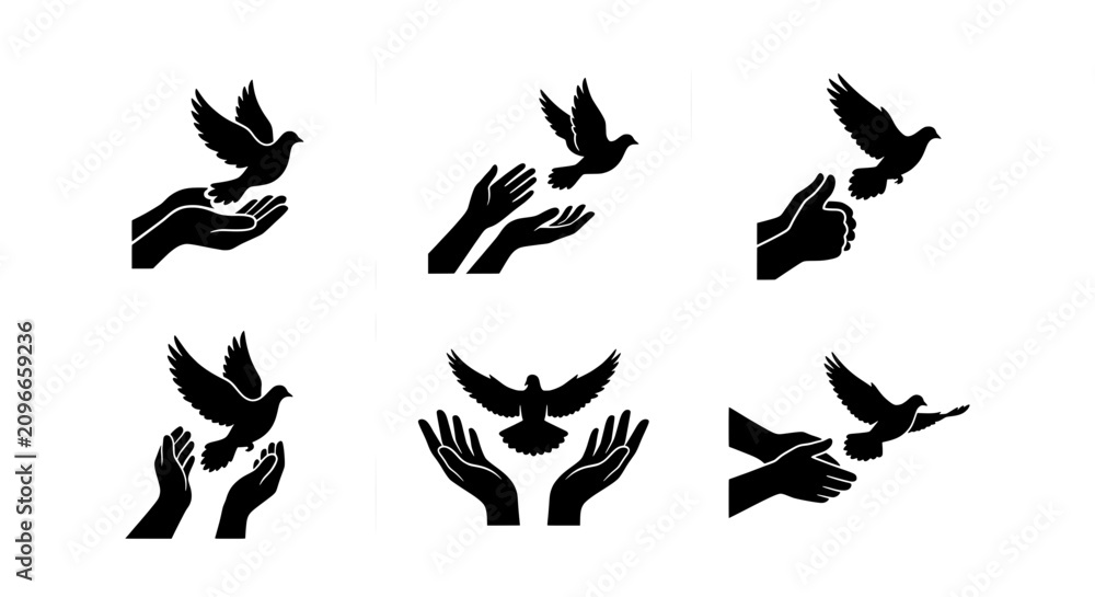 Fototapeta premium Dove Release Icons, Hands Releasing Birds, Freedom Symbol Vector Set