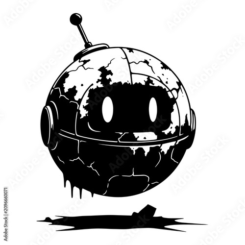 Fotografía Cute Damaged Spherical Robot Character, Sci-Fi Round Droid with Antenna, Little