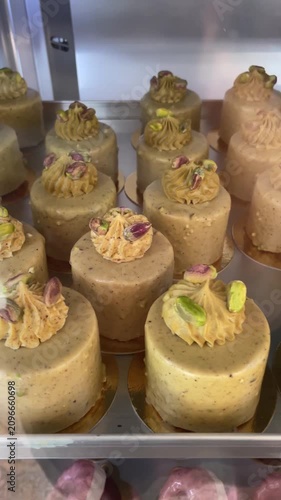 Sweet desserts and pastries are displayed behind a glass showcase in a bakery or cafe arranged for presentation and sale. Retail dessert display. Culinary and gastronomy.