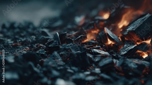 Close-up of glowing embers and charred wood fragments against a blurred, dark background