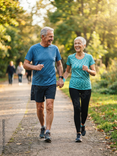 An elderly couple is happily jogging.