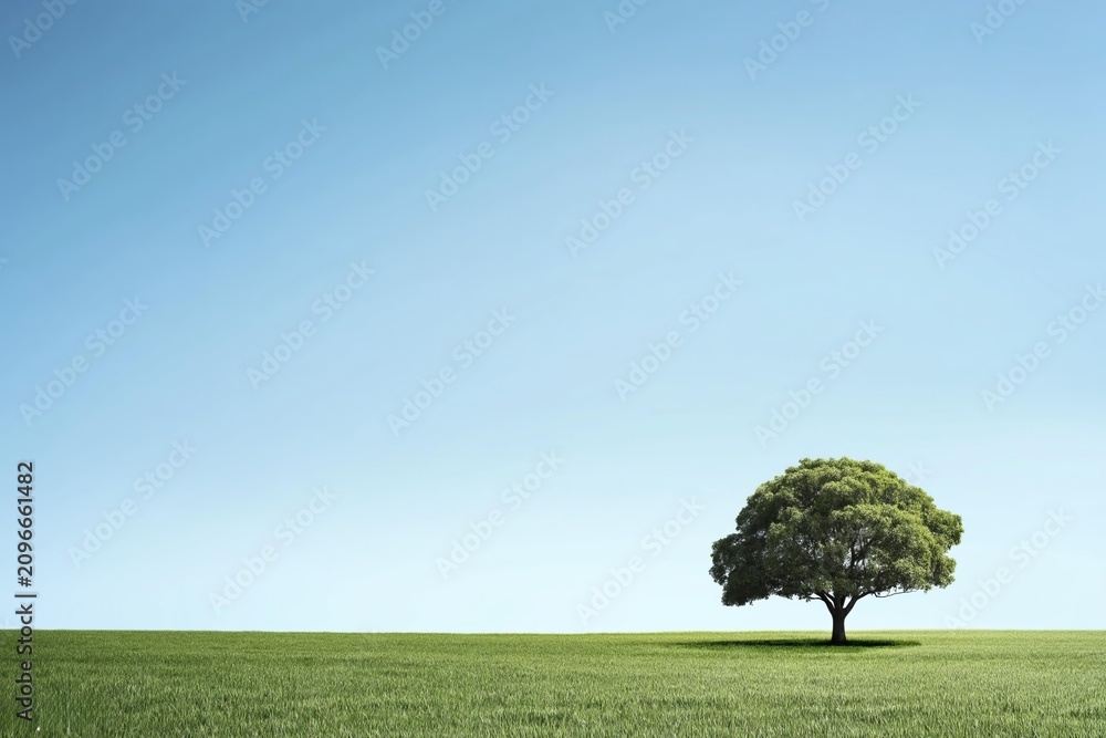 Fototapeta premium A solitary green tree stands tall in a vast, sunlit meadow under a clear blue sky