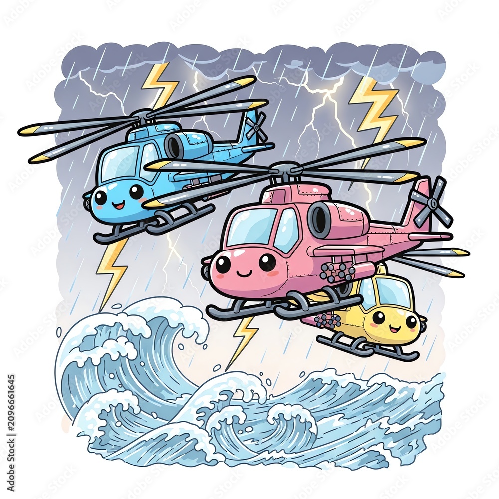 Naklejka premium Cute Kawaii Helicopters Flying Through a Stormy Sky Over Waves.