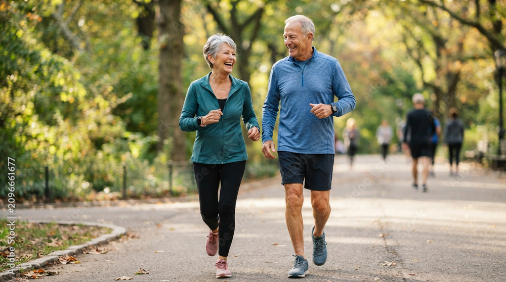 Obraz premium An elderly couple is happily jogging.