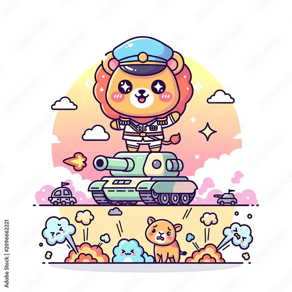 Fototapeta premium Cute Lion General on Tank Cartoon Illustration.