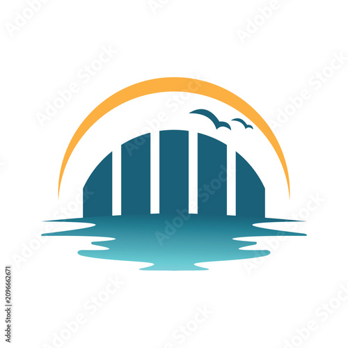 Coastal minimal logo ocean with summer vintage design. Landmark paradise with sunset and water vector symbol illustration