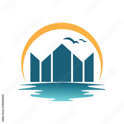 Coastal minimal logo ocean with summer vintage design. Landmark paradise with sunset and water vector symbol illustration