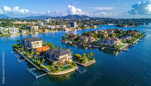 Aerial view of luxury waterfront villas on tropical islands.