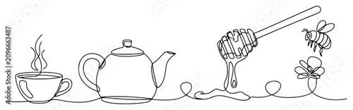 Fotografie Teapot and hot tea cup with honey dipper in continuous line art style