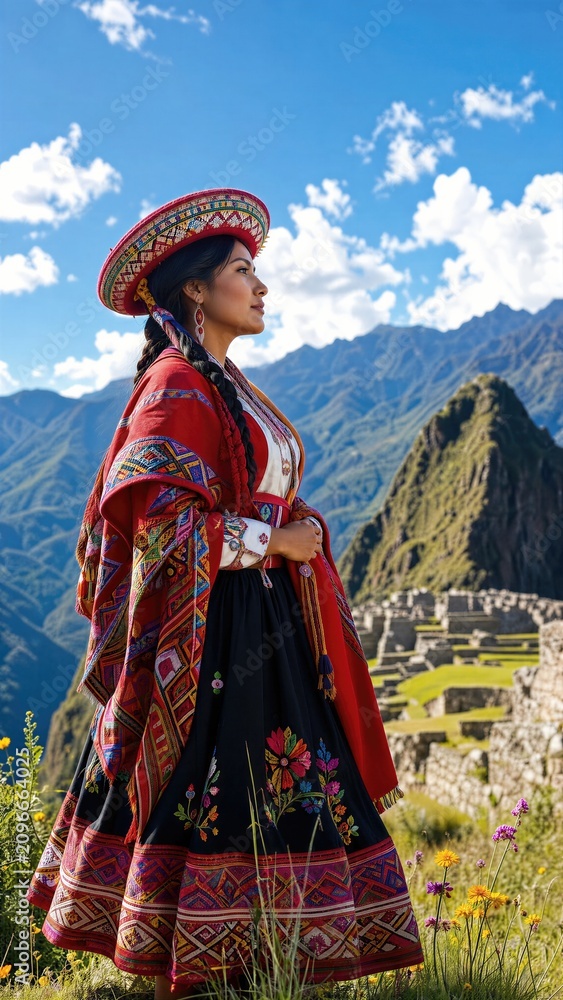 Fototapeta premium Woman in traditional Peru clothing standing in Machu Picchu. Girl wearing authentic Andean dress for Peru Independence Day. Cultural heritage and mountain landscape in South America.
