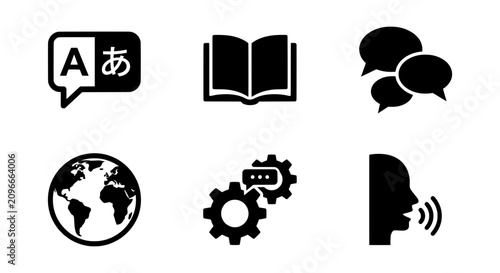 Photos Language Translation Icons Set, Global Communication Symbols, Book and Speech Bu
