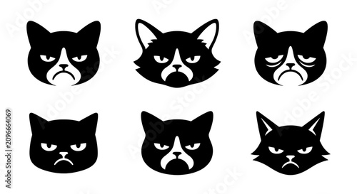 Foto Grumpy Cat Faces Vector Icons, Black and White Feline Expressions Set, Unhappy P