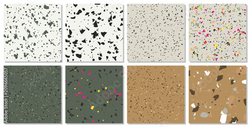 Set of 8 Terrazzo Seamless Terrazzo Tile Pattern Set stock illustration mosaic background. Trendy surface and textile design. Vector wallpaper stock illustration