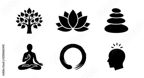 Canvas Print Zen Icons Set: Meditation, Lotus, Tree, Stones, Enso, Mind Vector Graphics