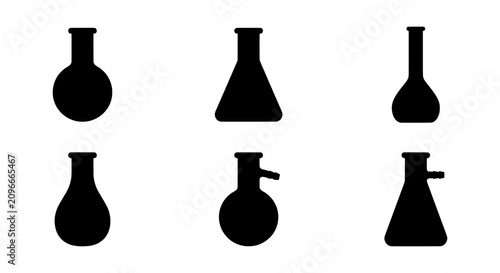 Fotografía Six Black Laboratory Glassware Icons, Science Beakers and Flasks, Chemistry Equi