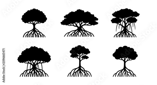Tableau sur toile Mangrove Tree Silhouettes: Diverse Root Systems, Tropical Flora Icons, Nature El