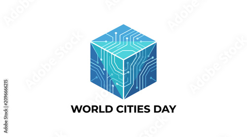 Isometric blue cube with electronic circuit board patterns for technology concepts