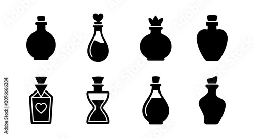 Cuadro en lienzo Perfume Bottles, Vintage Potion Vials, Elegant Cosmetic Containers, Black Silhou
