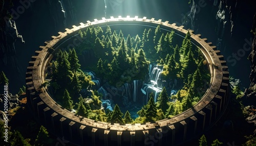 Aerial view of mechanical gear containing a forest ecosystem.