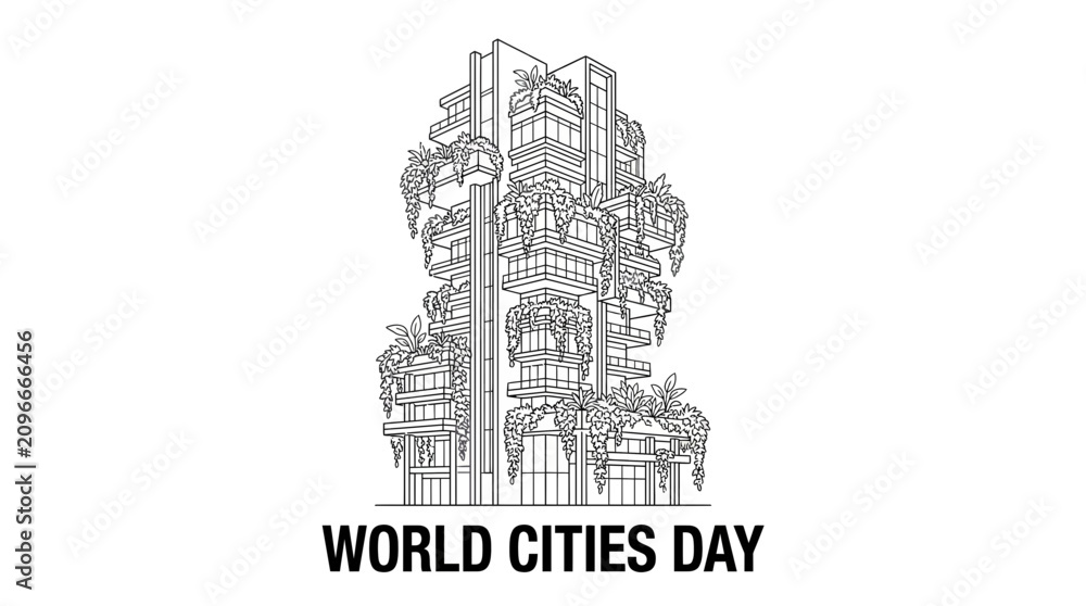 Obraz premium Sustainable modern skyscraper with vertical gardens line art drawing