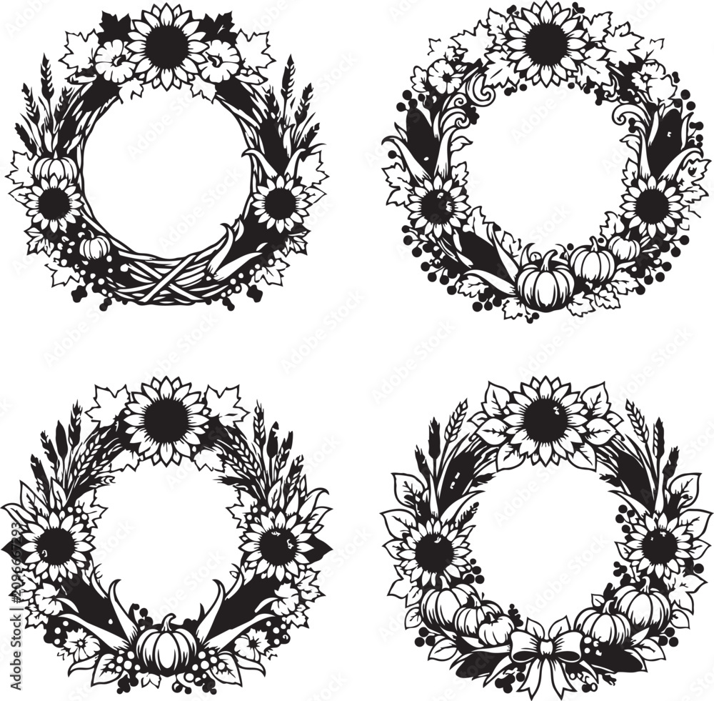 Obraz premium Hand-drawn black and white floral wreath vector illustration. Elegant circular botanical frame for wedding invitations and branding., Generative Ai