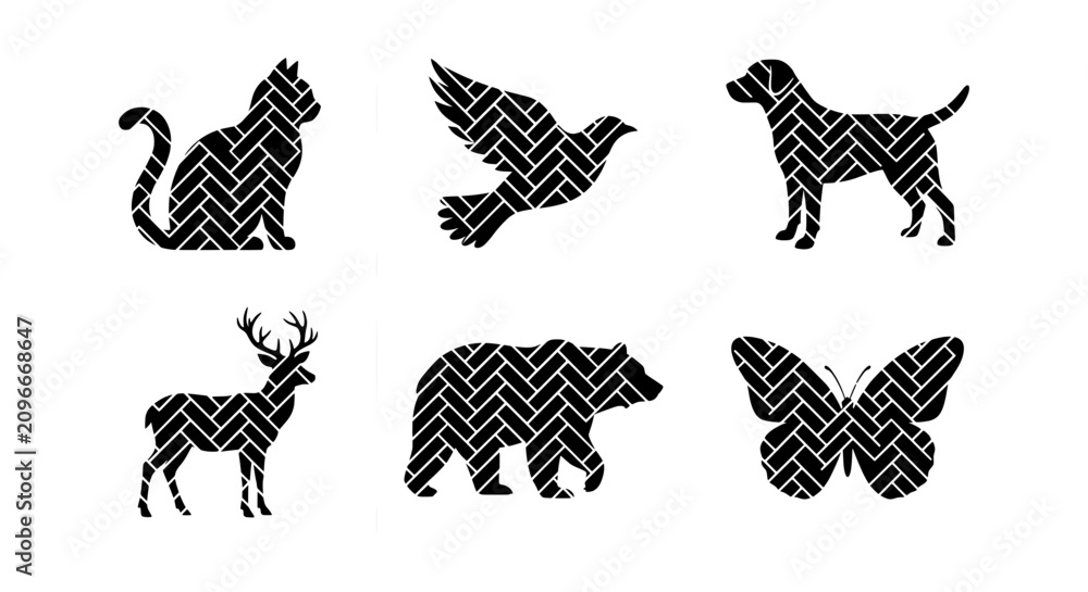 Fototapeta premium Animal Silhouettes Vector Set: Cat, Dog, Bird, Deer, Bear, Butterfly Icons