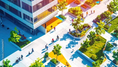 Aerial view of modern urban plaza with green park.