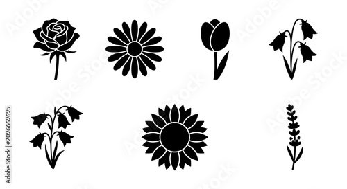 Foto Floral Silhouettes Vector Set: Rose, Daisy, Tulip, Bellflowers, Lavender Icons