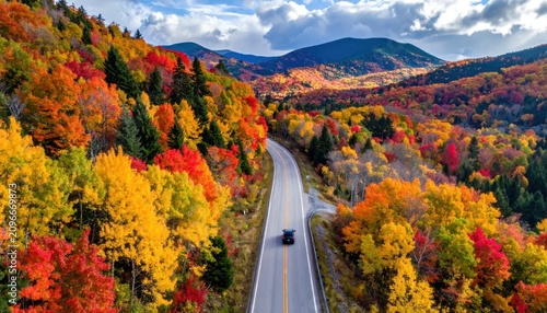 Aerial view of mountain highway surrounded by autumn colors.