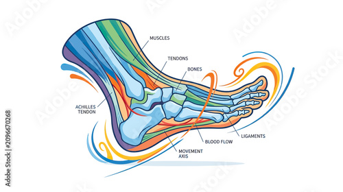 Bild auf Leinwand Anatomy of the Human Foot: Muscles, Bones, Tendons, Ligaments, Blood Flow
