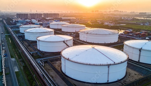 Aerial view of oil storage facility at sunset.