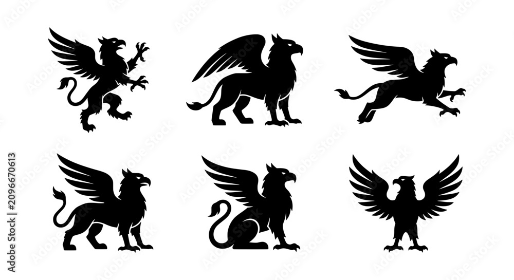 Fototapeta premium Mythical Griffin Vector Icons Set, Majestic Heraldic Creature Silhouettes, Ancient Legend Symbols