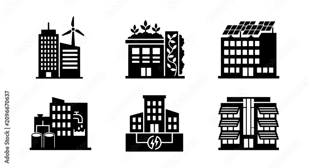 Obraz premium Eco-Friendly Buildings Icons: Sustainable Architecture, Green Energy, Urban Design