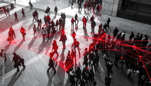 Aerial view of pedestrians connected by red digital lines.