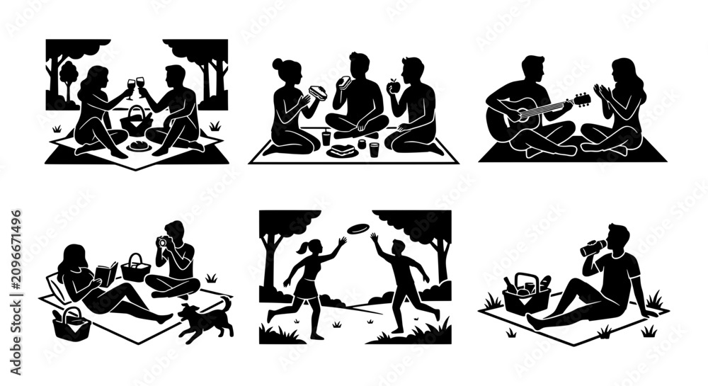 Fototapeta premium Picnic Silhouettes: People Enjoying Outdoor Leisure, Food, Music, and Games
