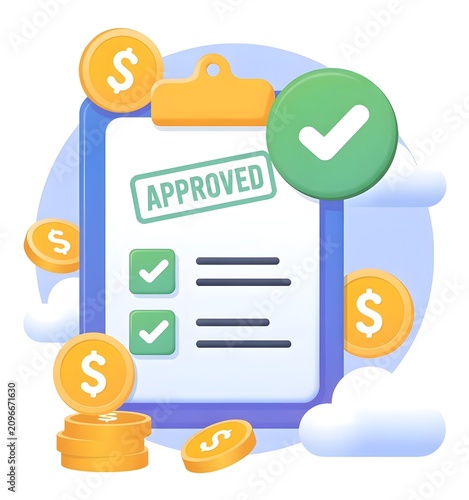3d clipboard with approved status and stacks of golden dollar coins for financial success and business loan approval concepts on a soft blue background