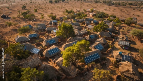 Aerial view of a remote rural village in africa with traditional thatched roof houses equipped with solar panels