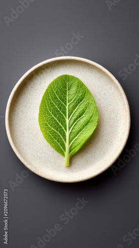 Fresh green leaf on ceramic plate centered against dark gray background