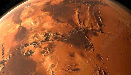 Aerial view of red rocky planet surface with craters.