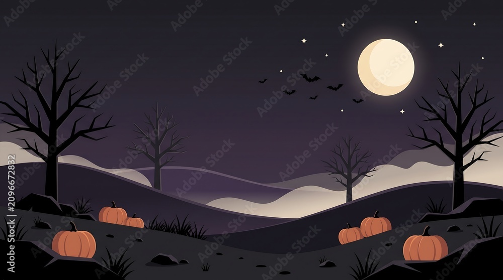 Fototapeta premium A witch flies on her broom under a full moon with pumpkins and trees in a landscape.
