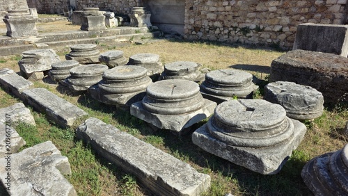 Athens, Greece - 22 June 2026. Stacked marble column bases and architectural fragments from the Early Christian Tetraconch, Basilica of Megali Panagia.