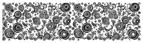 Abstract geometric pattern with stylized concentric circles and swirls in a horizontal layout