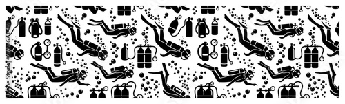 Bild auf Leinwand Scuba divers swimming with oxygen tanks and bubbles in seamless icon pattern sty