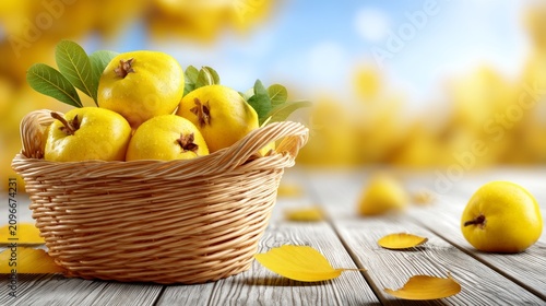Fresh ripe yellow quince fruit in wicker basket with autumn leaves