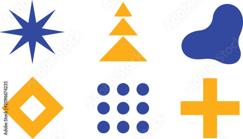 A collection of vibrant blue and yellow vector graphic shapes featuring geometric stars triangles circles squares and abstract organic forms