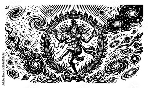 Canvastavla Lord Shiva Nataraja dancing cosmic tandava inside ring of fire with galaxies and