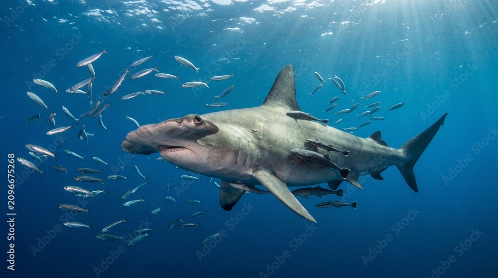 Obraz premium Great hammerhead shark swimming with fish in clear blue ocean
