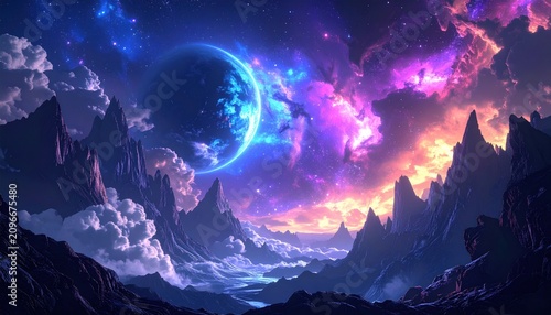Dramatic celestial landscape with a planet, nebula, mountains, and stars